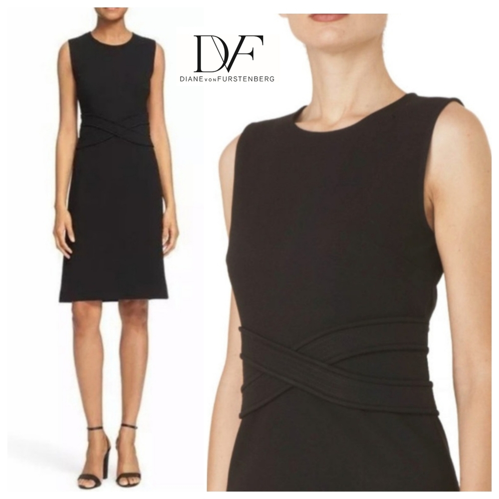 Diane von Furstenberg | Evita Black Sleeveless Ponte Knee Length Sheath Dress 6